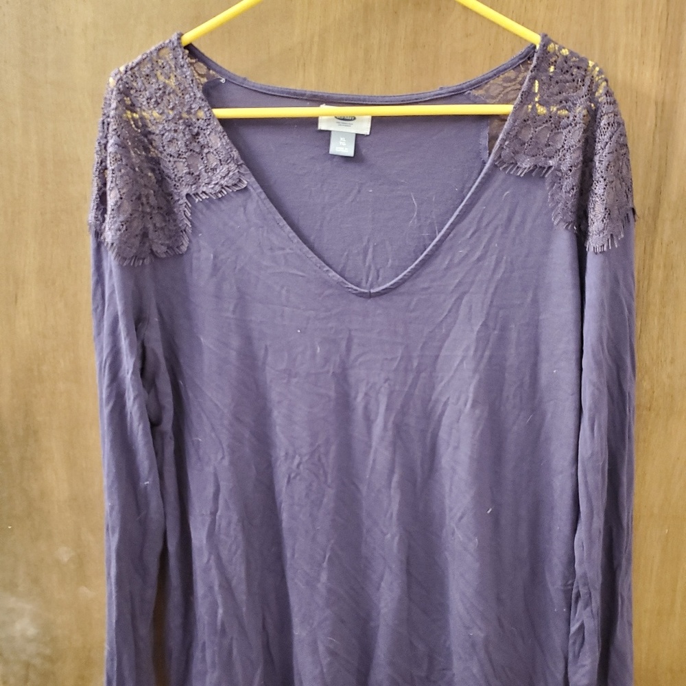 Purple long sleeve top with lace shoulders